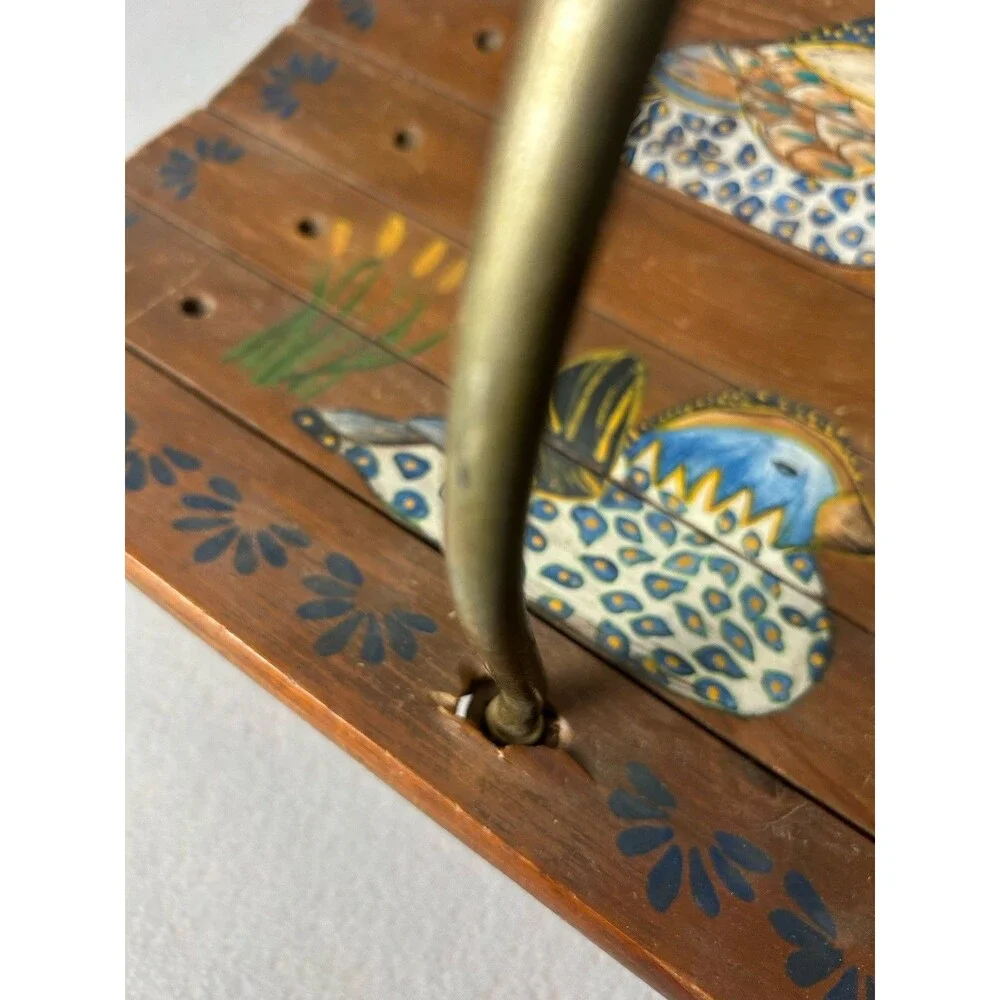 VTG Handmade Hand Painted Mallard Duck‎ Magazine Fireplace Basket Metal Handle